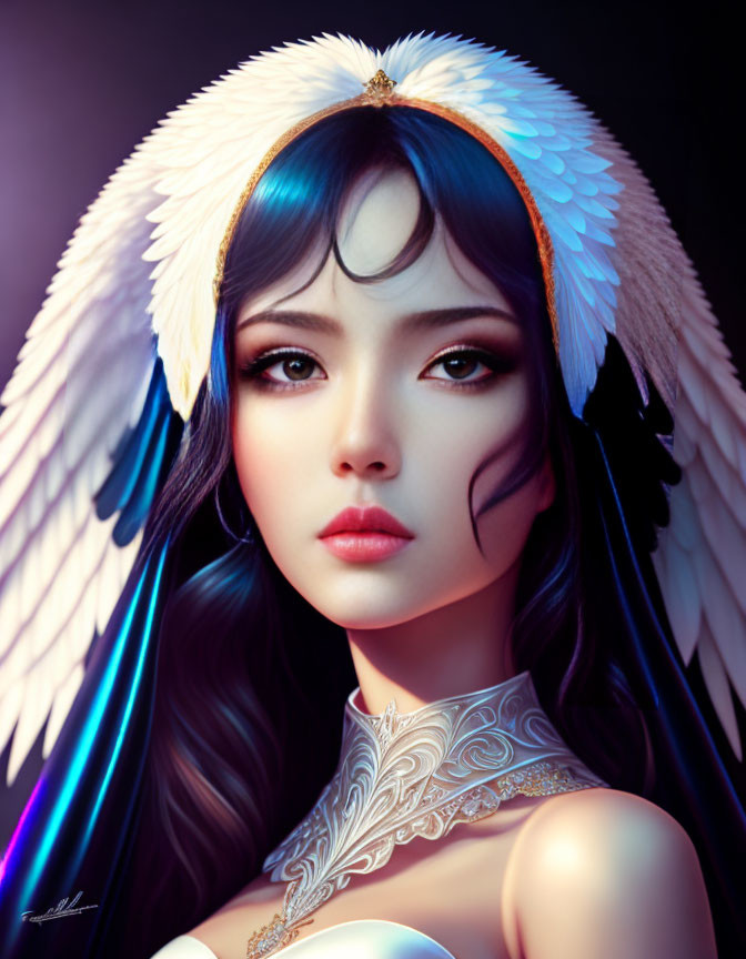 Digital Artwork: Woman with Blue-Black Hair and White Feathered Headdress