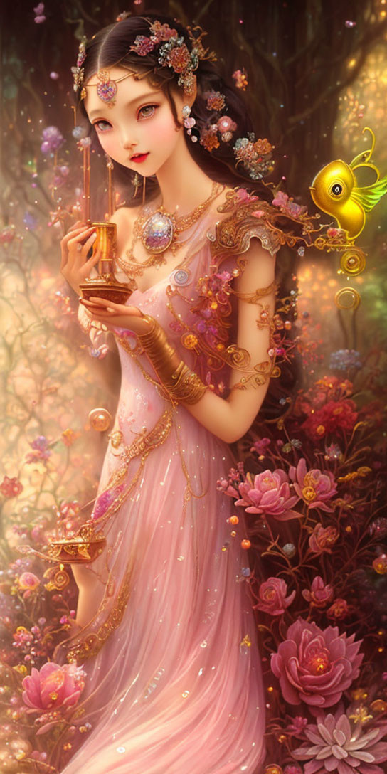 Fantasy maiden in pink dress with lantern and glowing creature in floral setting