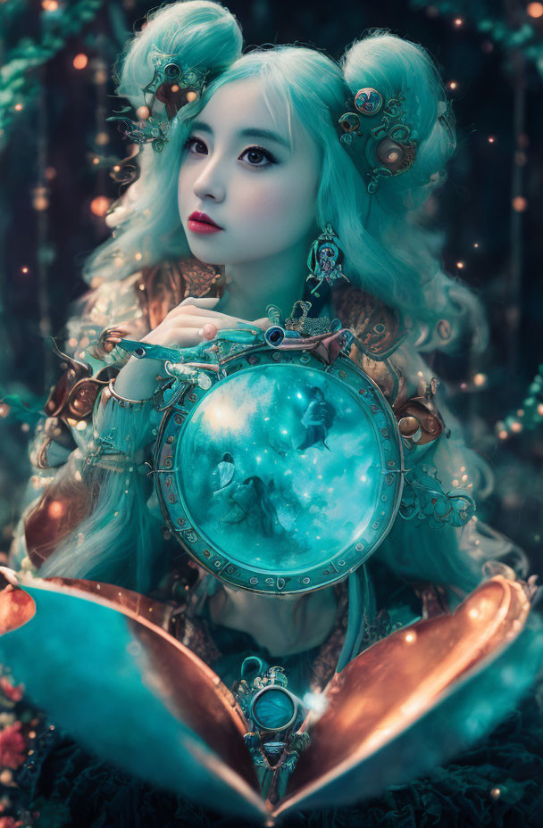 Fantasy woman with glowing orb in turquoise setting