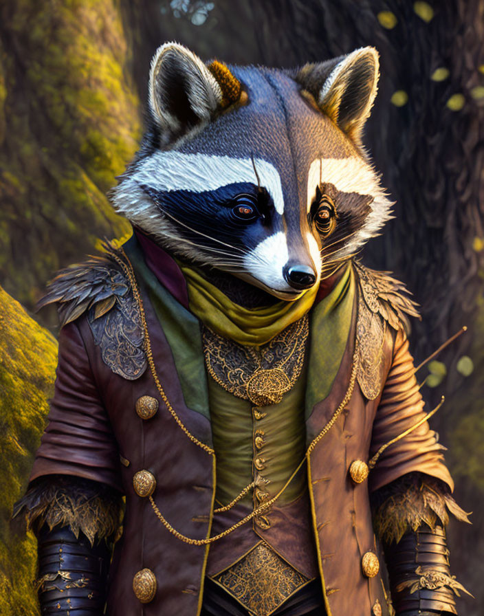 Luxurious Renaissance-themed anthropomorphic raccoon in forest setting