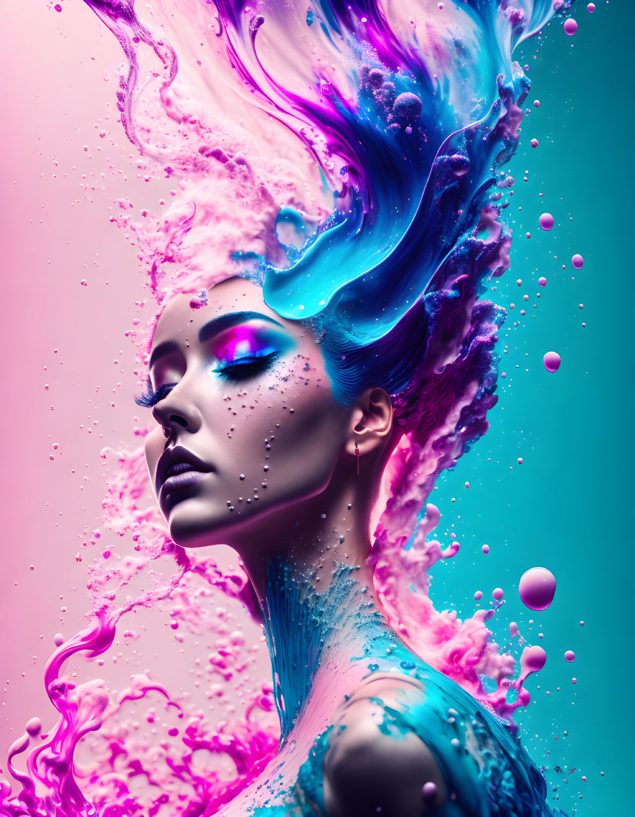 Colorful Woman Portrait with Blue and Pink Paint Splashes on Two-Tone Background