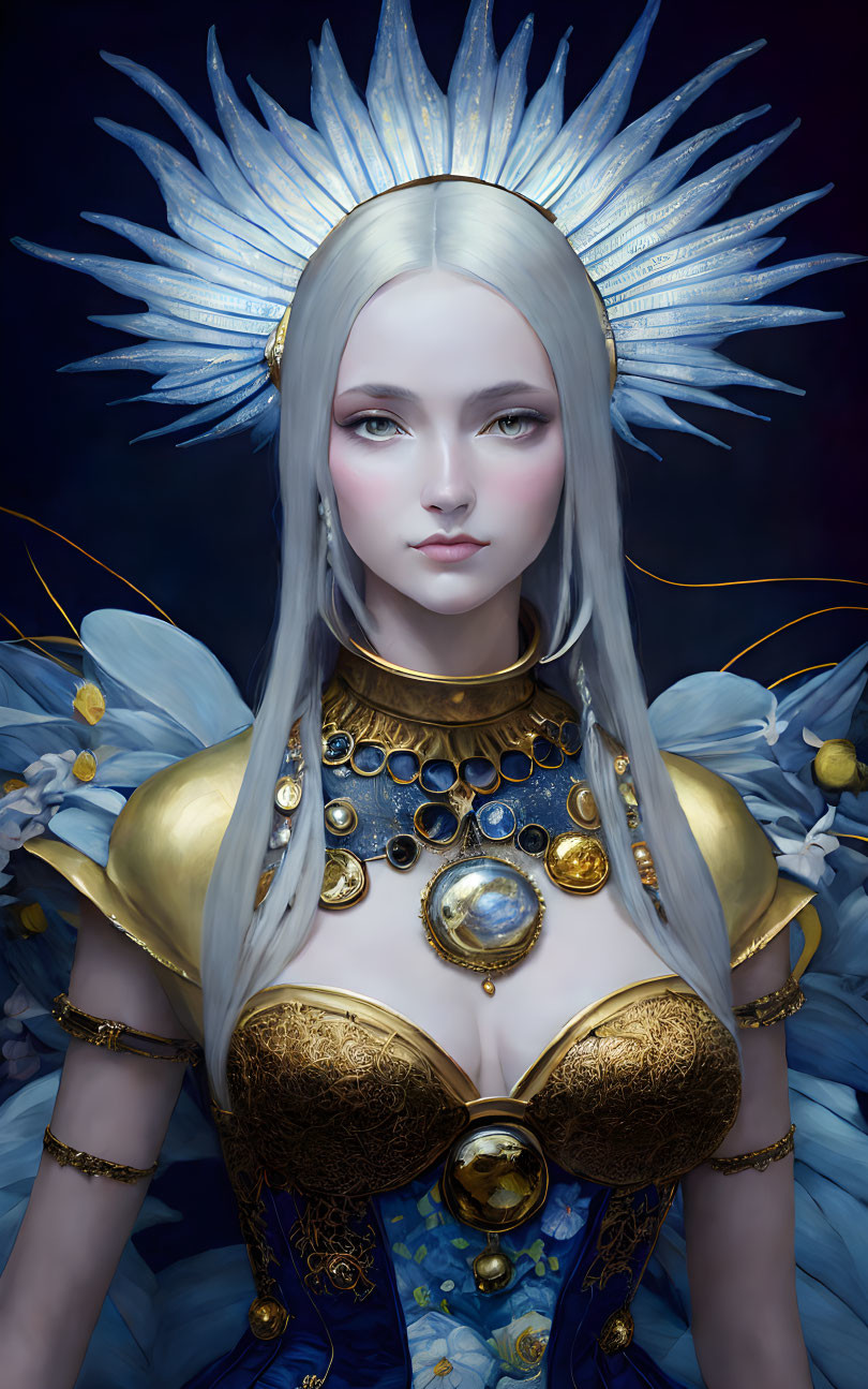 Ethereal woman with white hair in ornate blue and gold armor