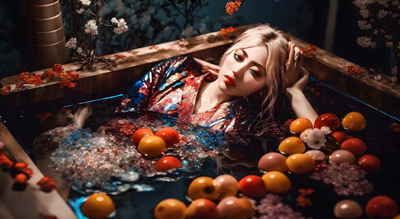 Woman in Floral Kimono in Boat with Blossoms and Orbs in Ambient Lighting