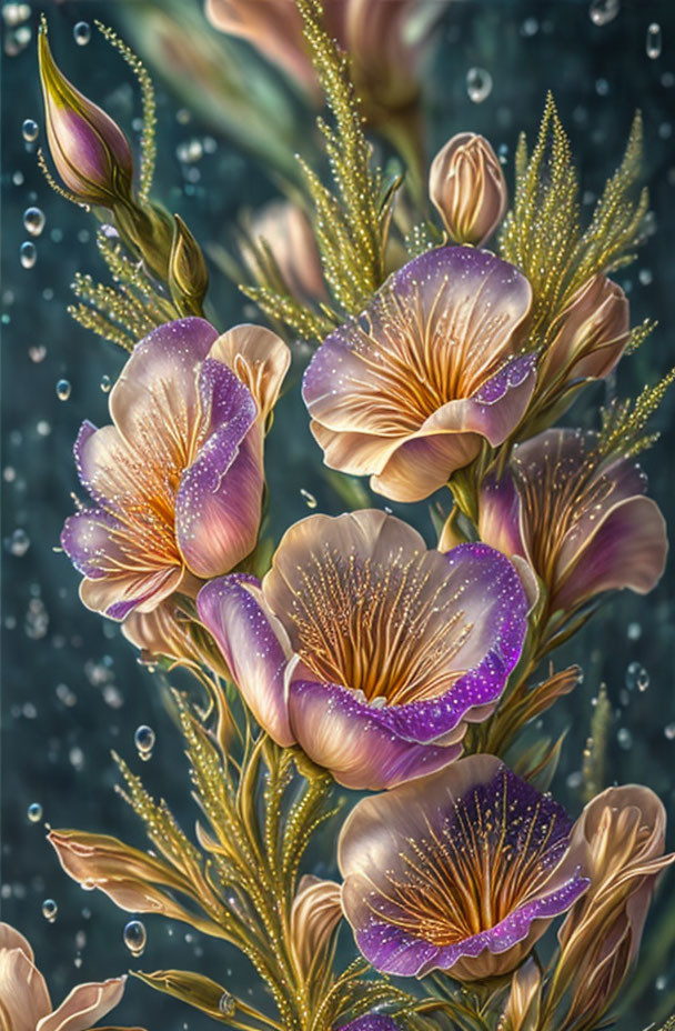 Purple flowers with dewdrops and glitter on dark bubbly backdrop