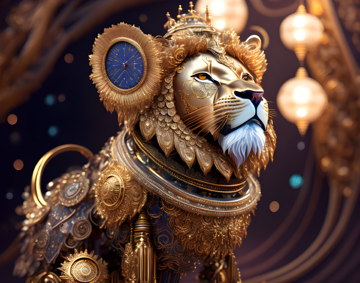 Steampunk-inspired lion with mechanical details and clock elements on intricate background.