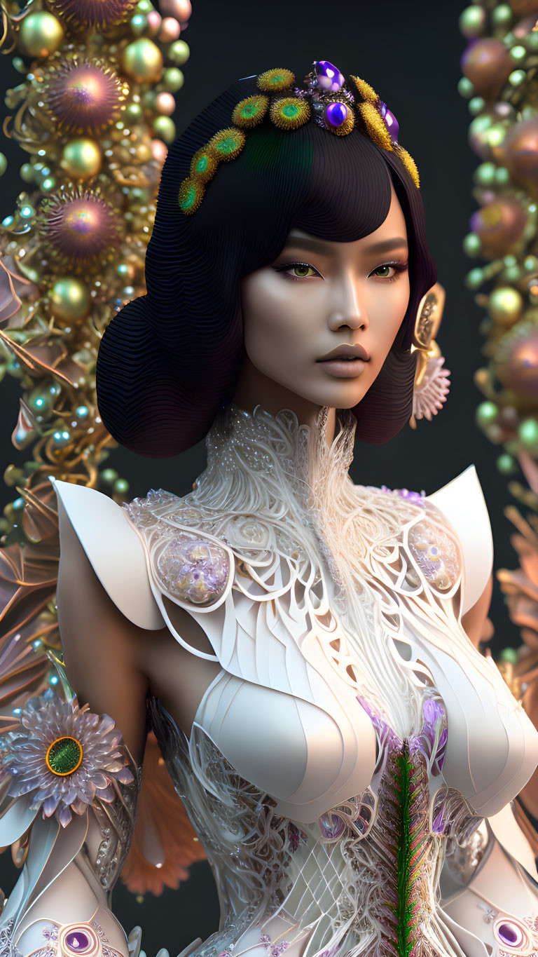 3D Rendered Image: Woman in White Armor with Jeweled Headpiece