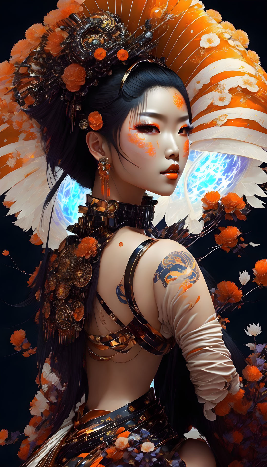 Digital artwork of woman in Asian attire with gold accessories and glowing elements