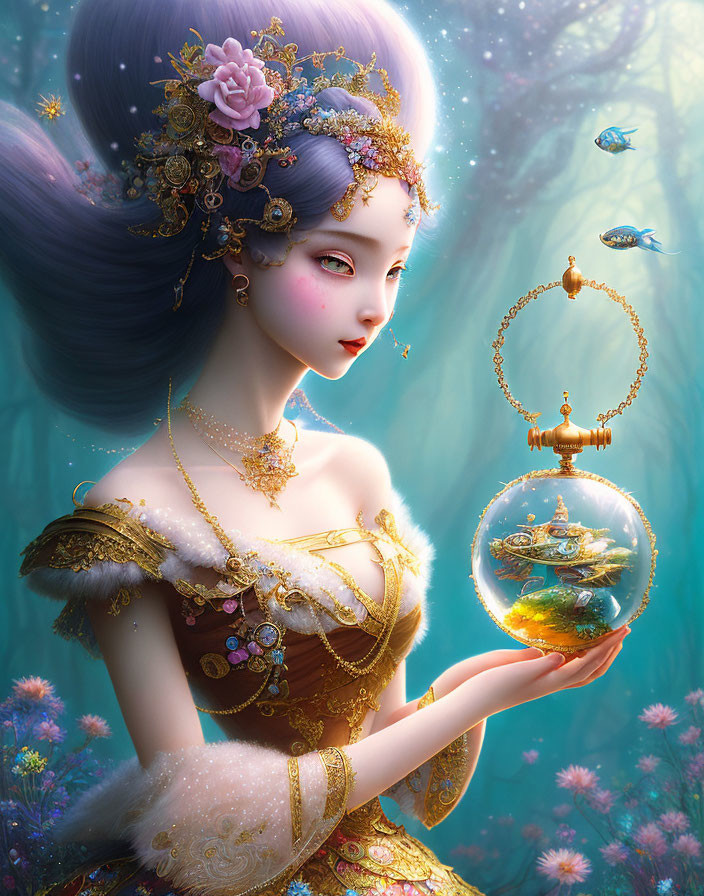 Fantasy illustration of woman with elaborate hair and magical sphere, fish and floral elements