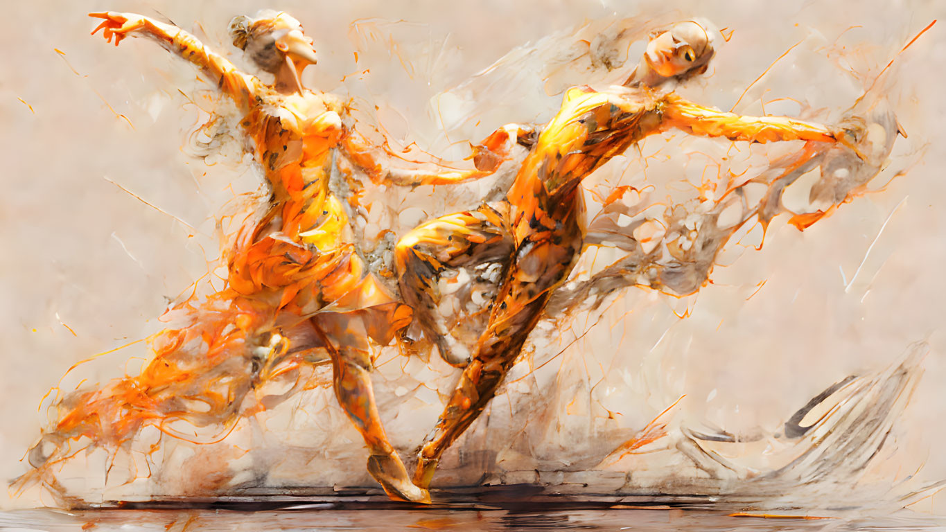 Vibrant orange and yellow brushstrokes depict dynamic dancers