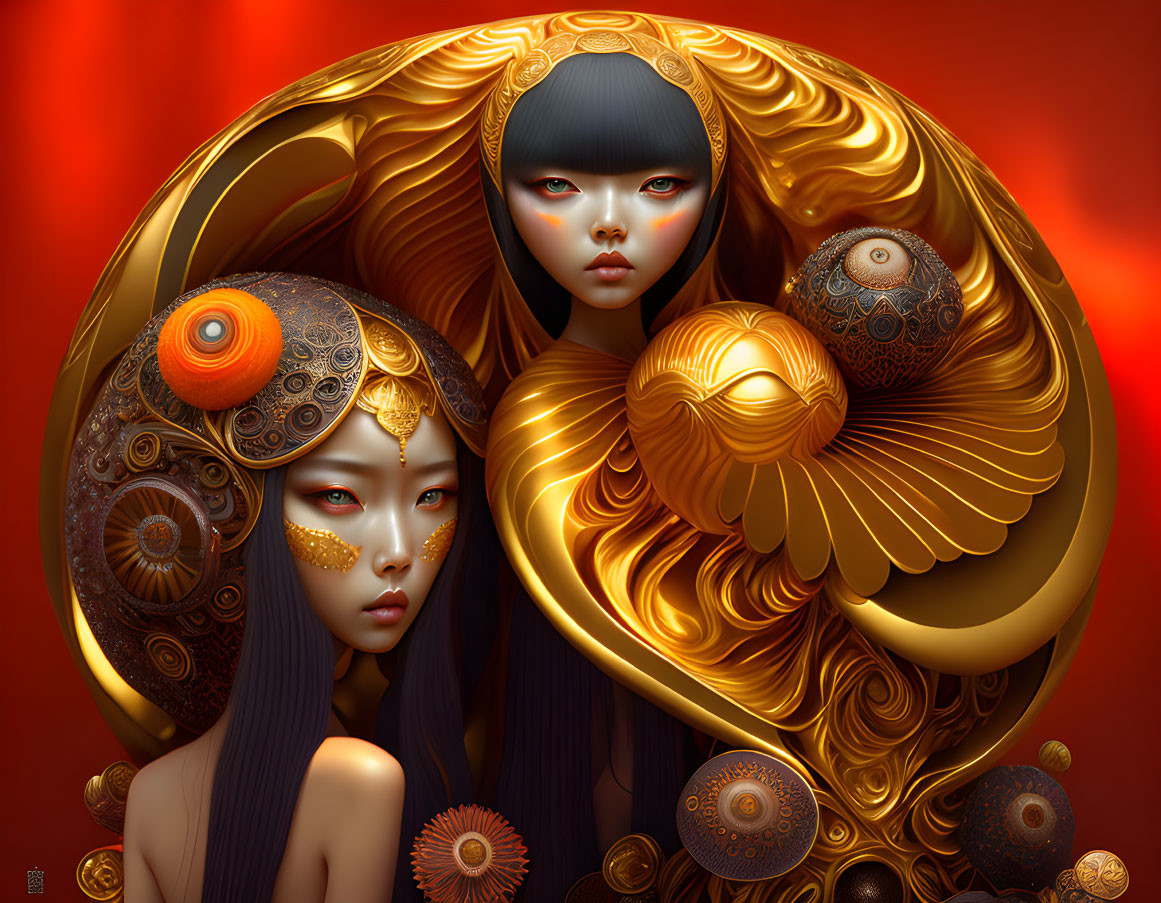 Stylized figures with golden headdresses on red backdrop