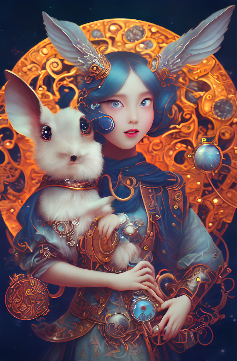 Ethereal illustration of girl with blue hair and golden accessories holding white rabbit on golden circular backdrop