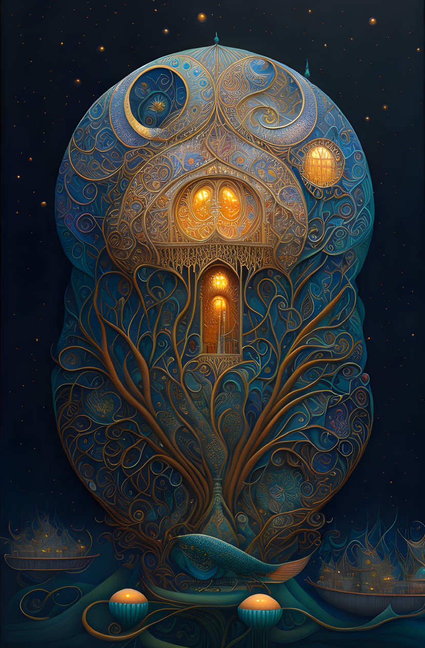 Whimsical glowing tree with celestial patterns on starry night sky