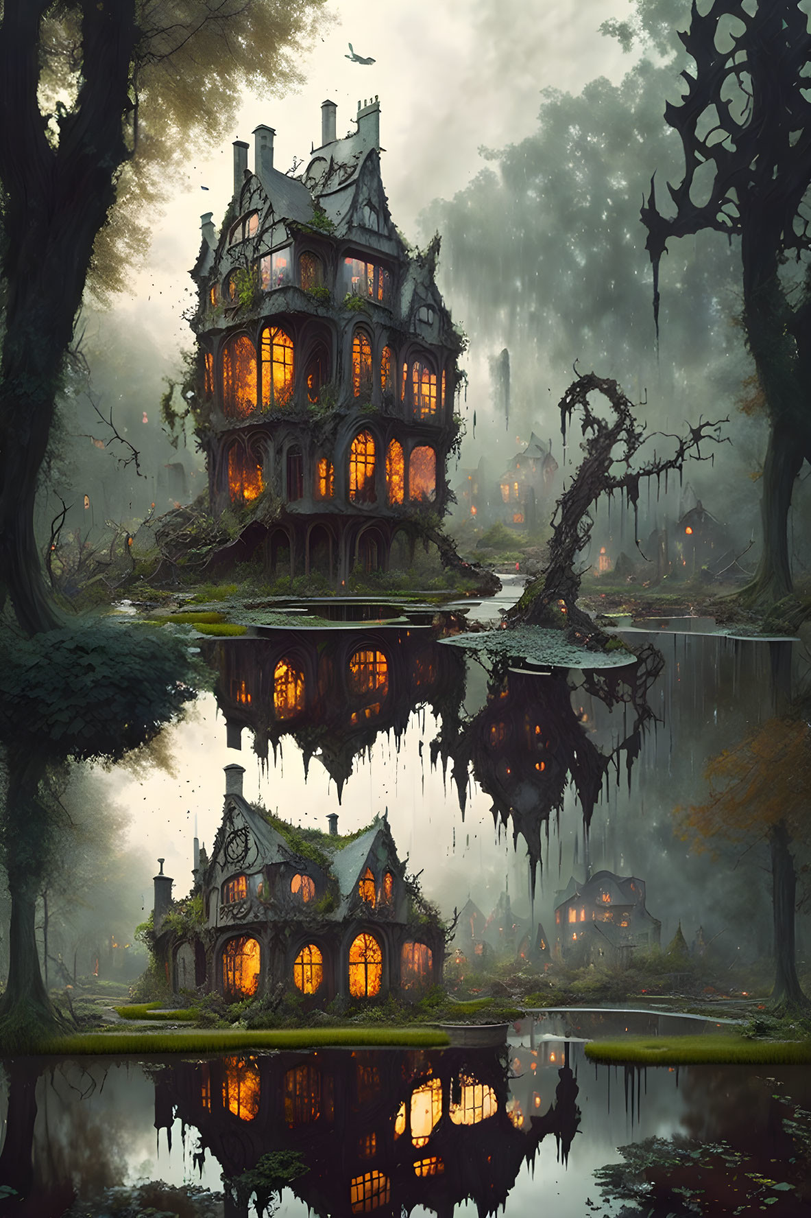 Victorian mansion in misty forest with reflection in dark pond