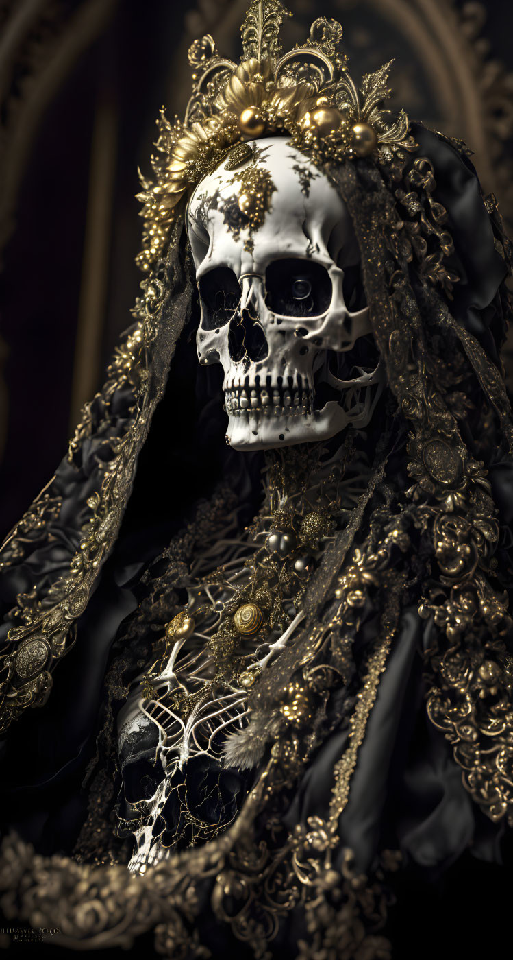 Ornate skeleton with crown and gold details on dark background