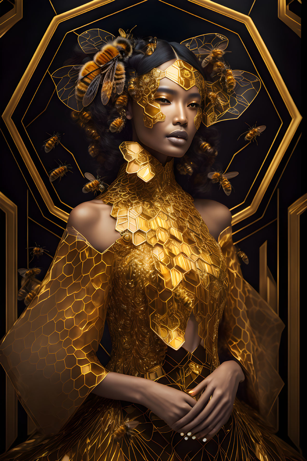 Golden Attire Woman Surrounded by Bees on Dark Hexagonal Background