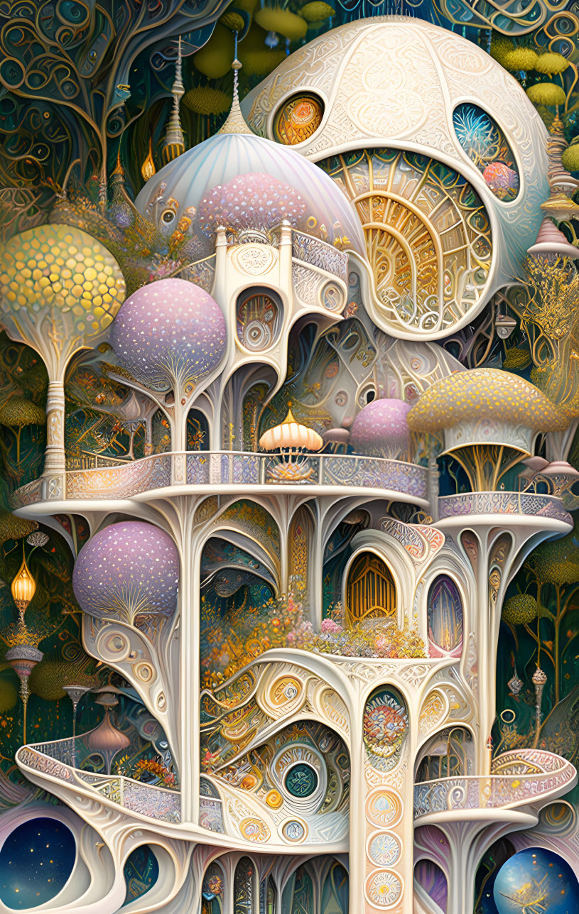 Fantastical illustration of ornate tree-like structure with whimsical architecture blending organic and mechanical elements under