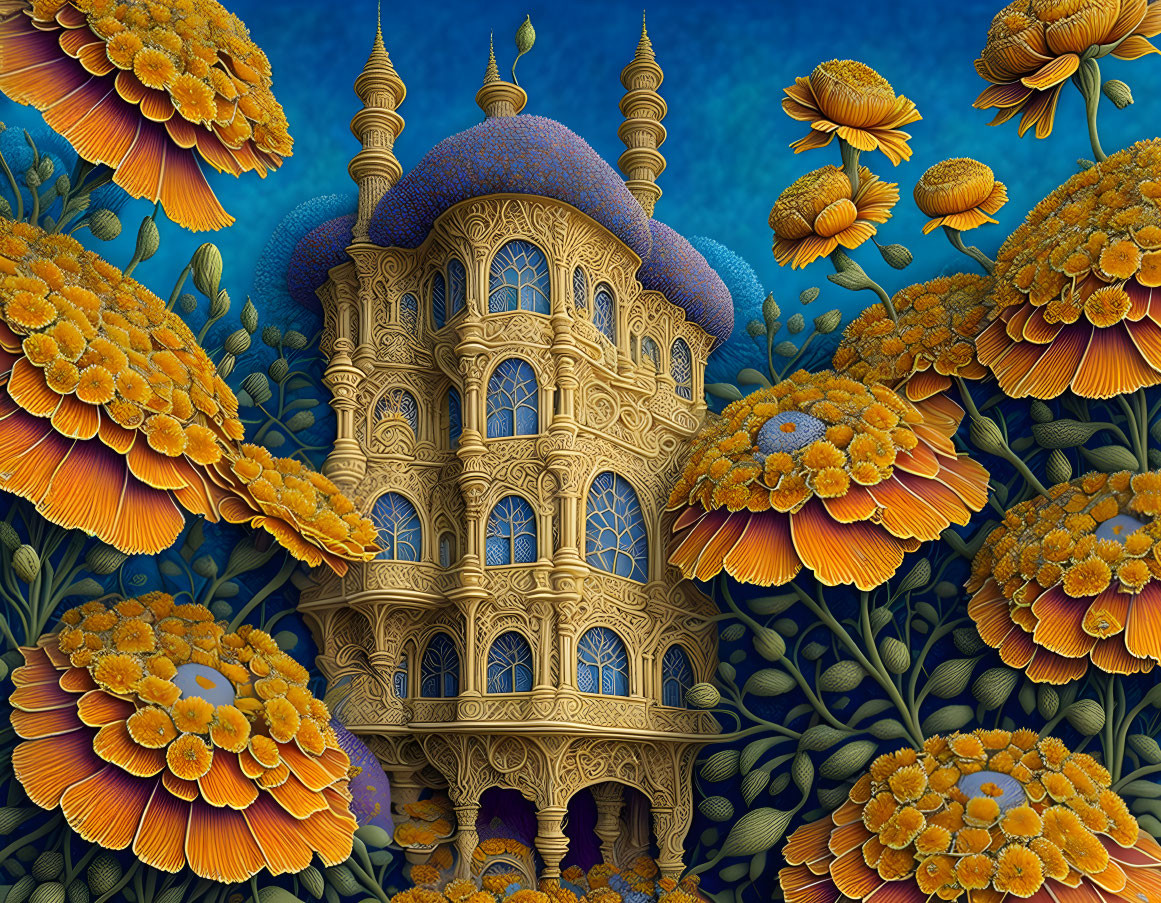 Golden palace with intricate details among vibrant orange flowers and starry sky