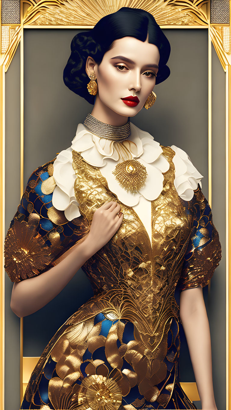 Elegant woman in gold-patterned dress with red lipstick