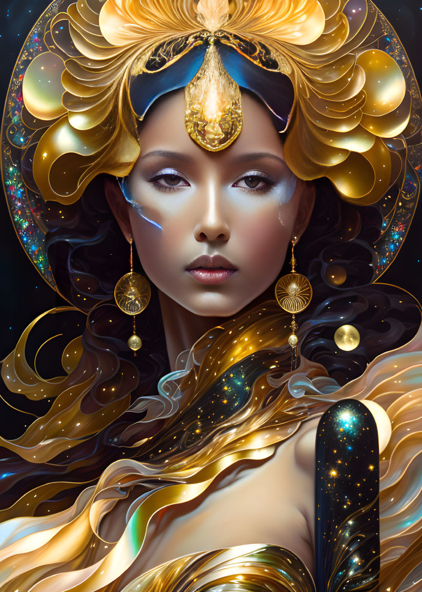 Woman with Golden Headdress and Cosmic Dress on Dark Background