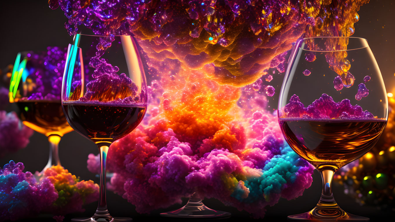 Vibrant fantasy scene with three red wine glasses