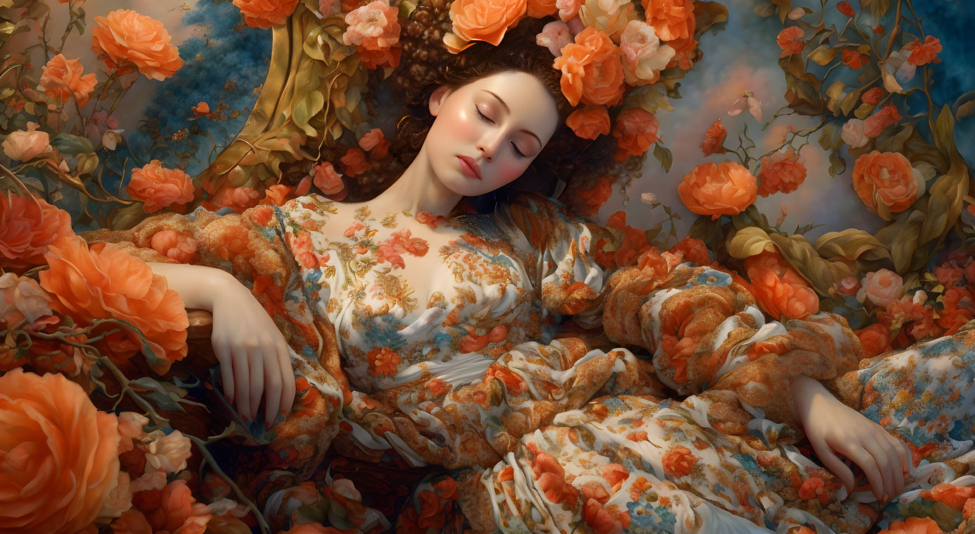 Tranquil woman in floral dress surrounded by orange flowers