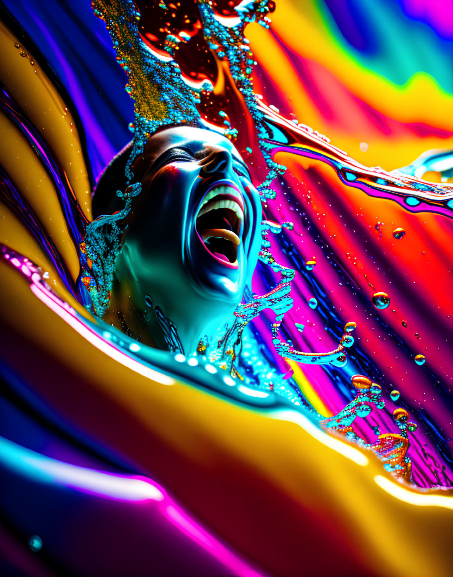 Colorful Digital Artwork: Face Emerging from Liquid Waves