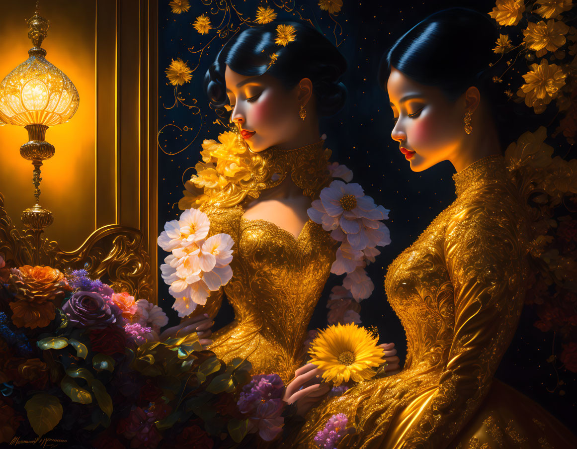 Elegant women in golden gowns with floral details by a lamp post among flowers and butterflies