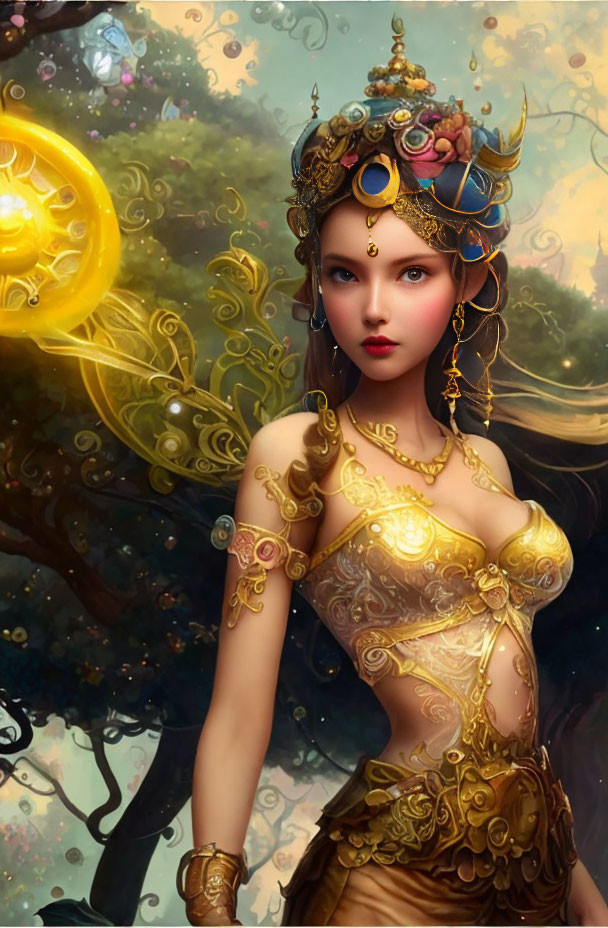 Detailed illustration of woman with gold jewelry in mystical forest