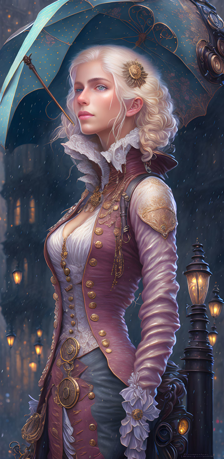 Blonde Woman in Victorian Outfit with Blue Umbrella on Snowy Evening