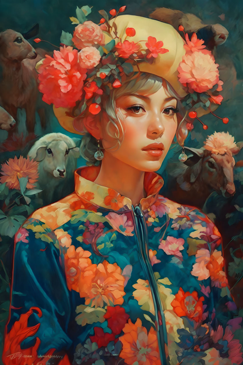 Vibrant portrait of woman with floral headdress and sheep in dreamlike scene