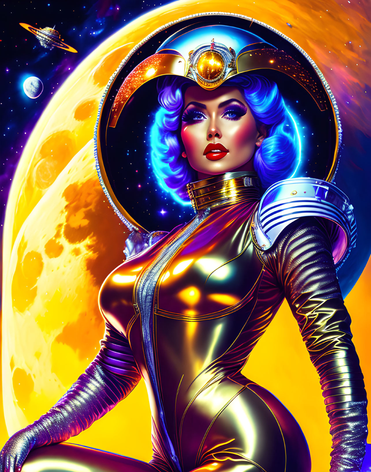 Futuristic female character with blue hair and golden space armor posing under yellow moon and stars