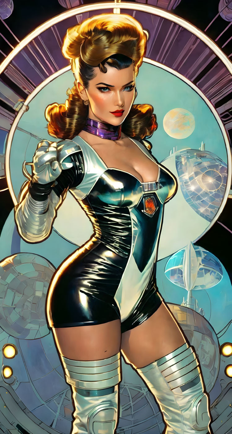 Stylized illustration of woman in retro-futuristic latex suit