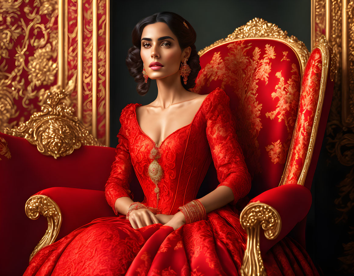 Regal woman in red dress on golden throne with luxurious backdrop