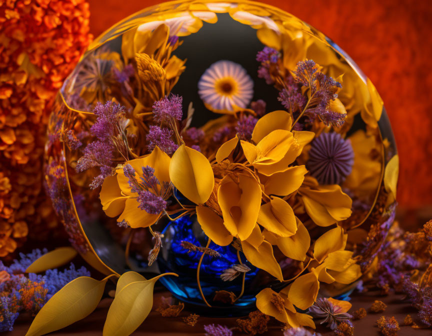 Transparent Sphere with Yellow and Purple Dried Flowers on Warm-Toned Background