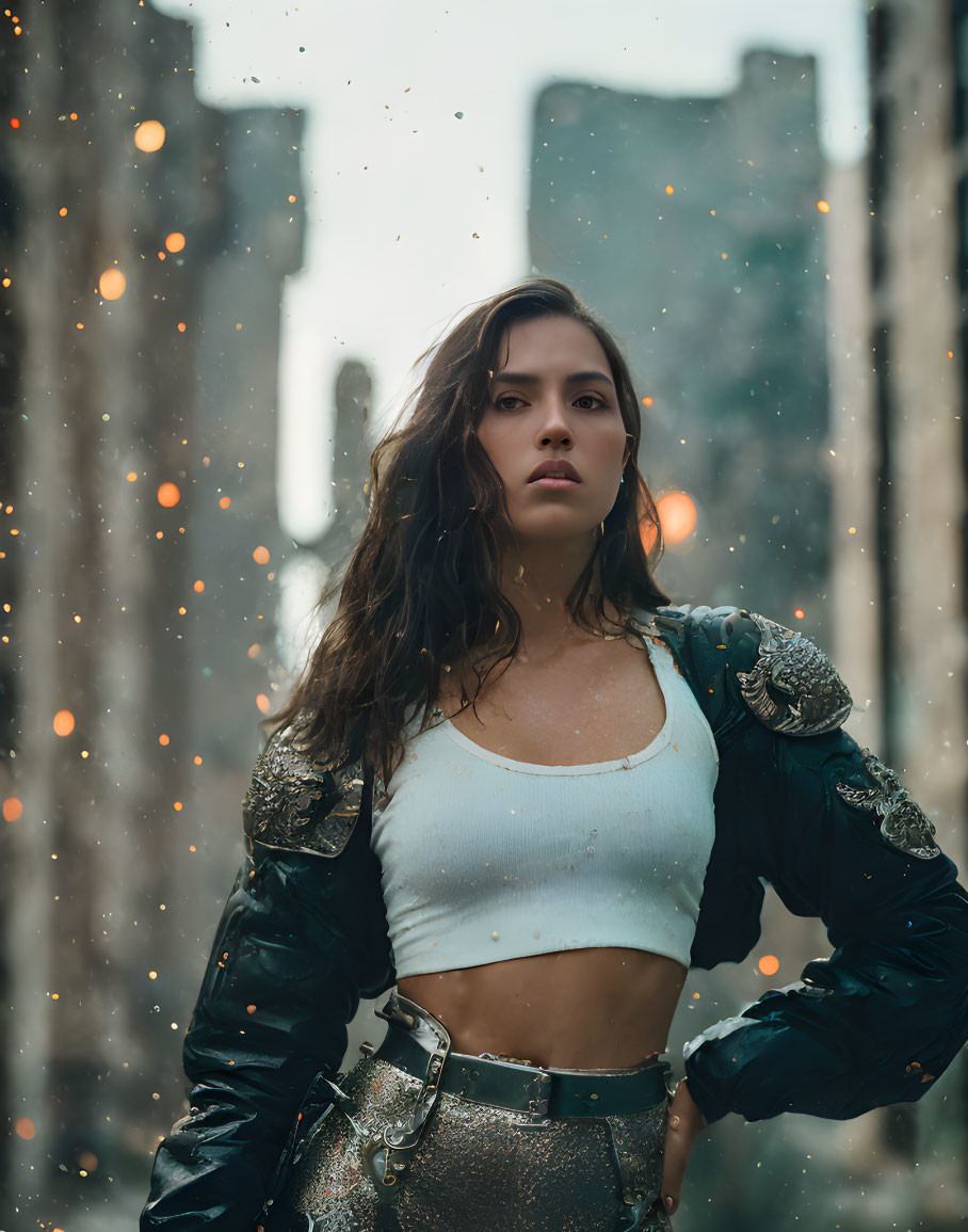 Confident woman in stylish jacket with sparks flying in background