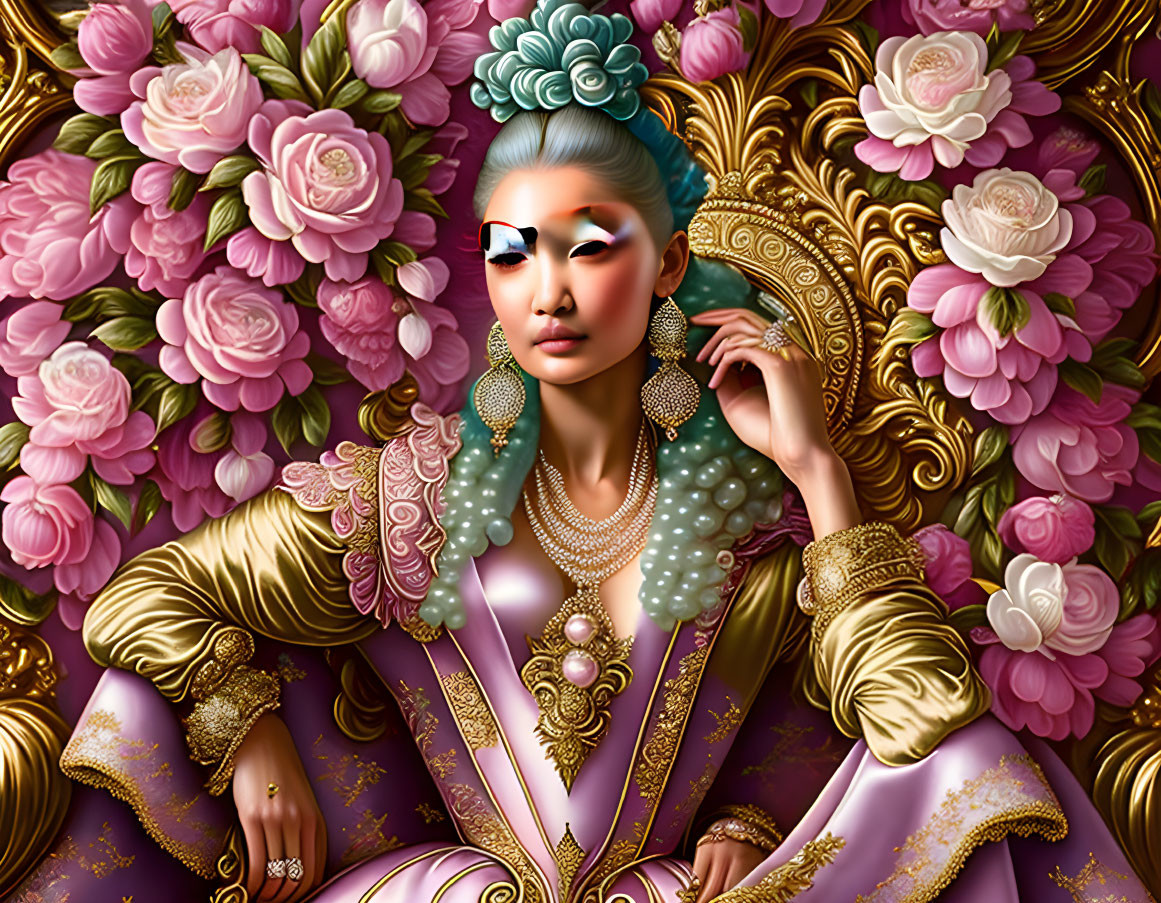 Stylized digital artwork of woman with elaborate hairstyle and makeup against pink flower backdrop