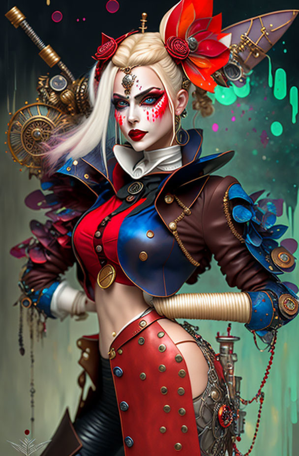 Colorful steampunk attire with white clown-like makeup and mechanical elements