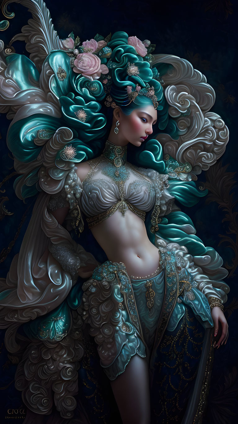 Intricate fantasy female figure in turquoise and gold attire on dark background