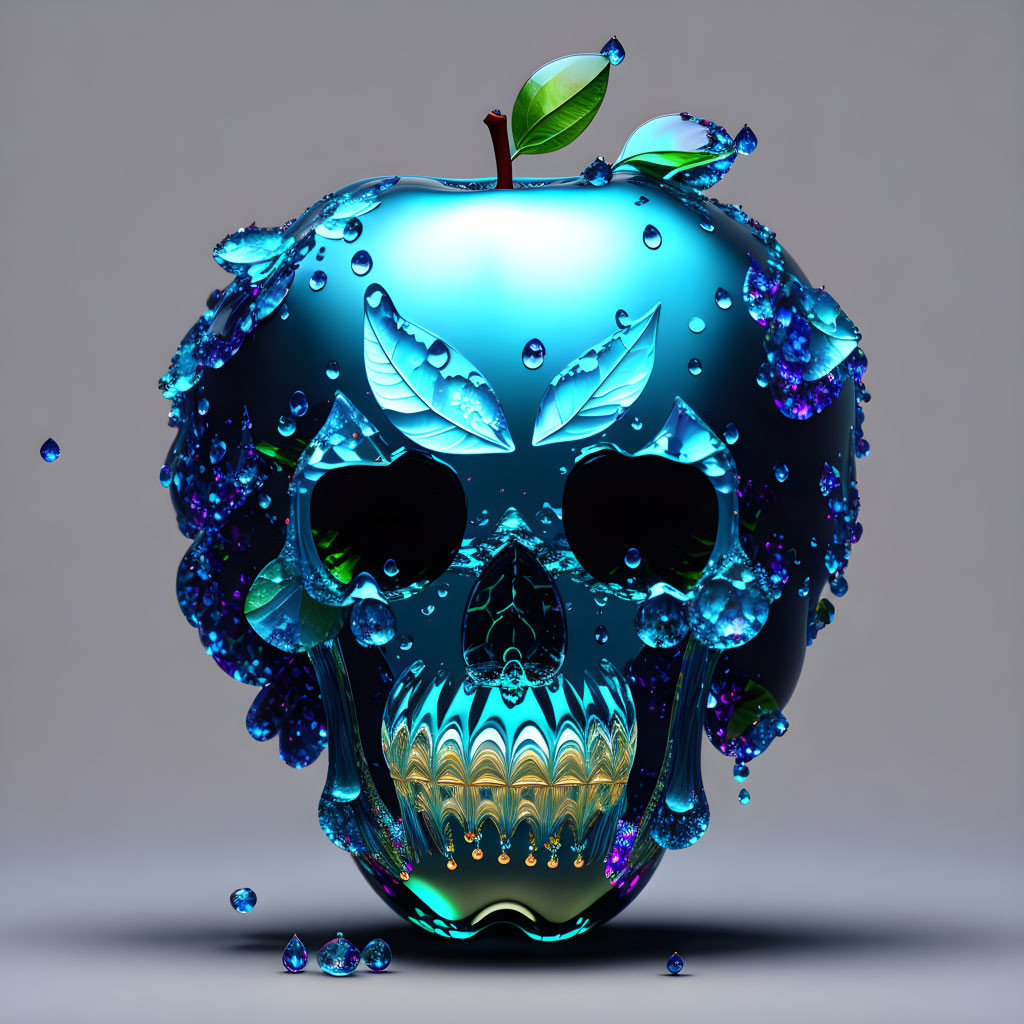 Metallic Blue Skull-Shaped Apple with Water Droplets on Neutral Background