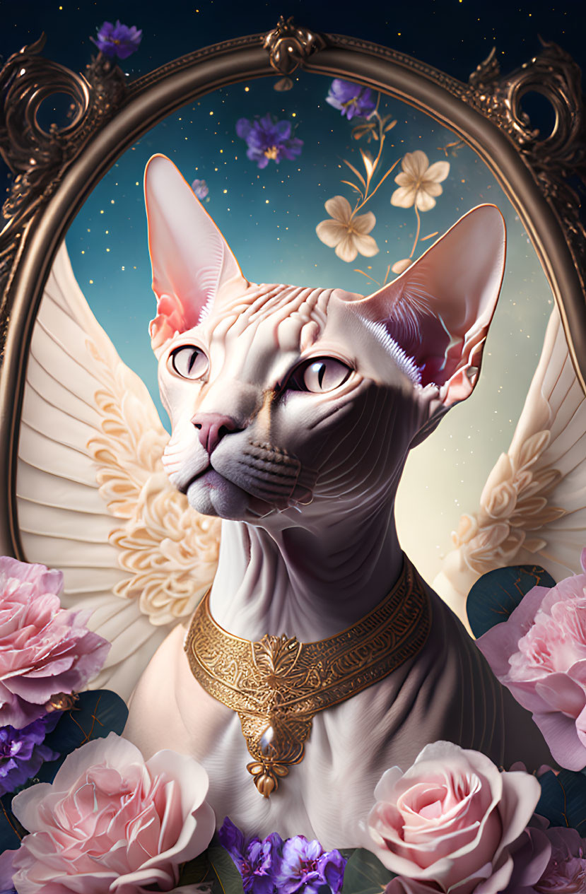 Hairless Sphynx cat adorned with golden jewelry among pink roses in ornate frame