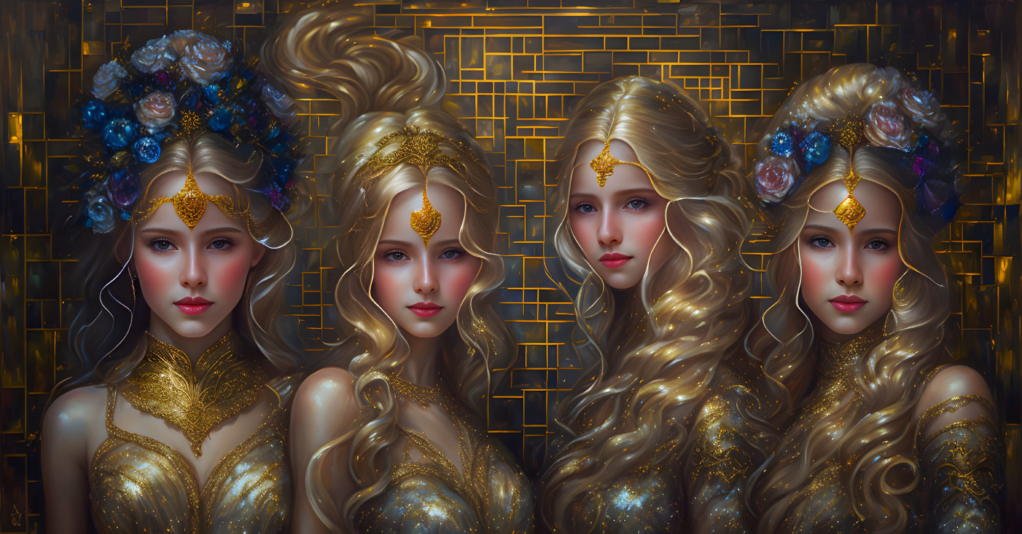 Four Women Wearing Gold Jewelry and Flowers on Blonde Hair on Golden Lattice Background