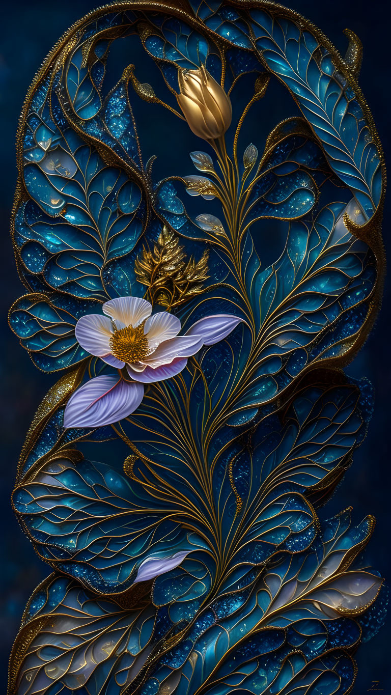 Golden and Blue Floral Digital Artwork with White Flower on Dark Background