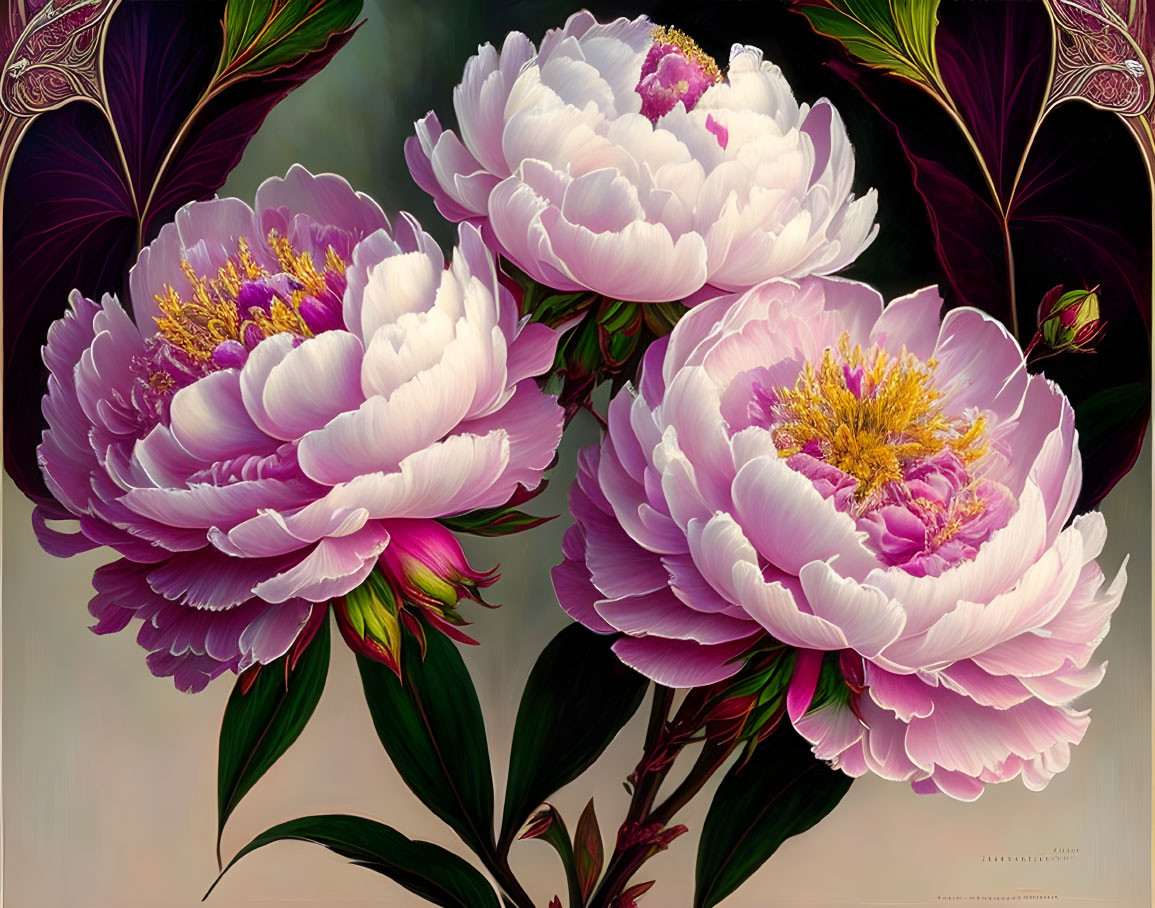 Vibrant pink peonies on moody background with leaf details