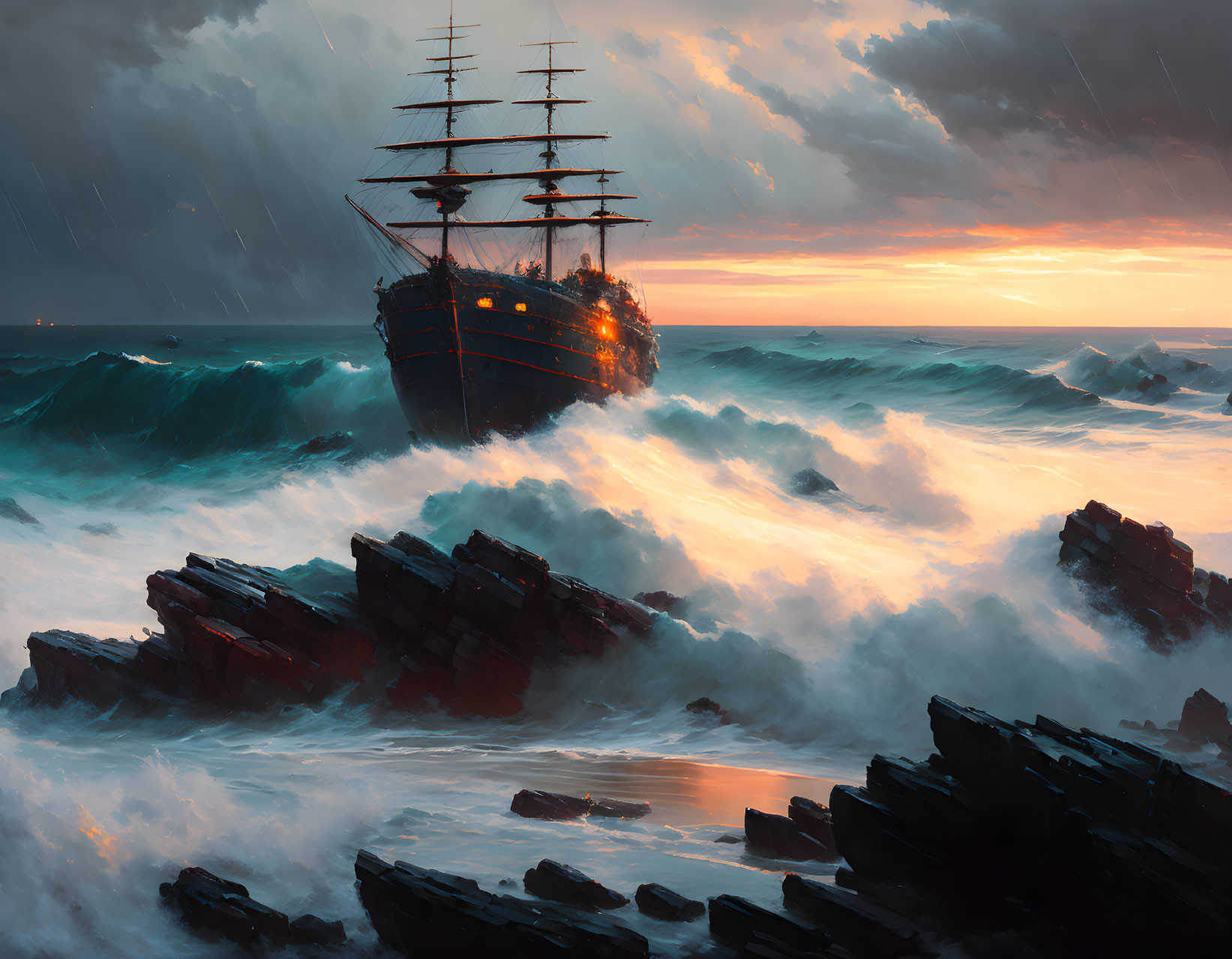 Sailing ship in stormy seas under dramatic sunset sky