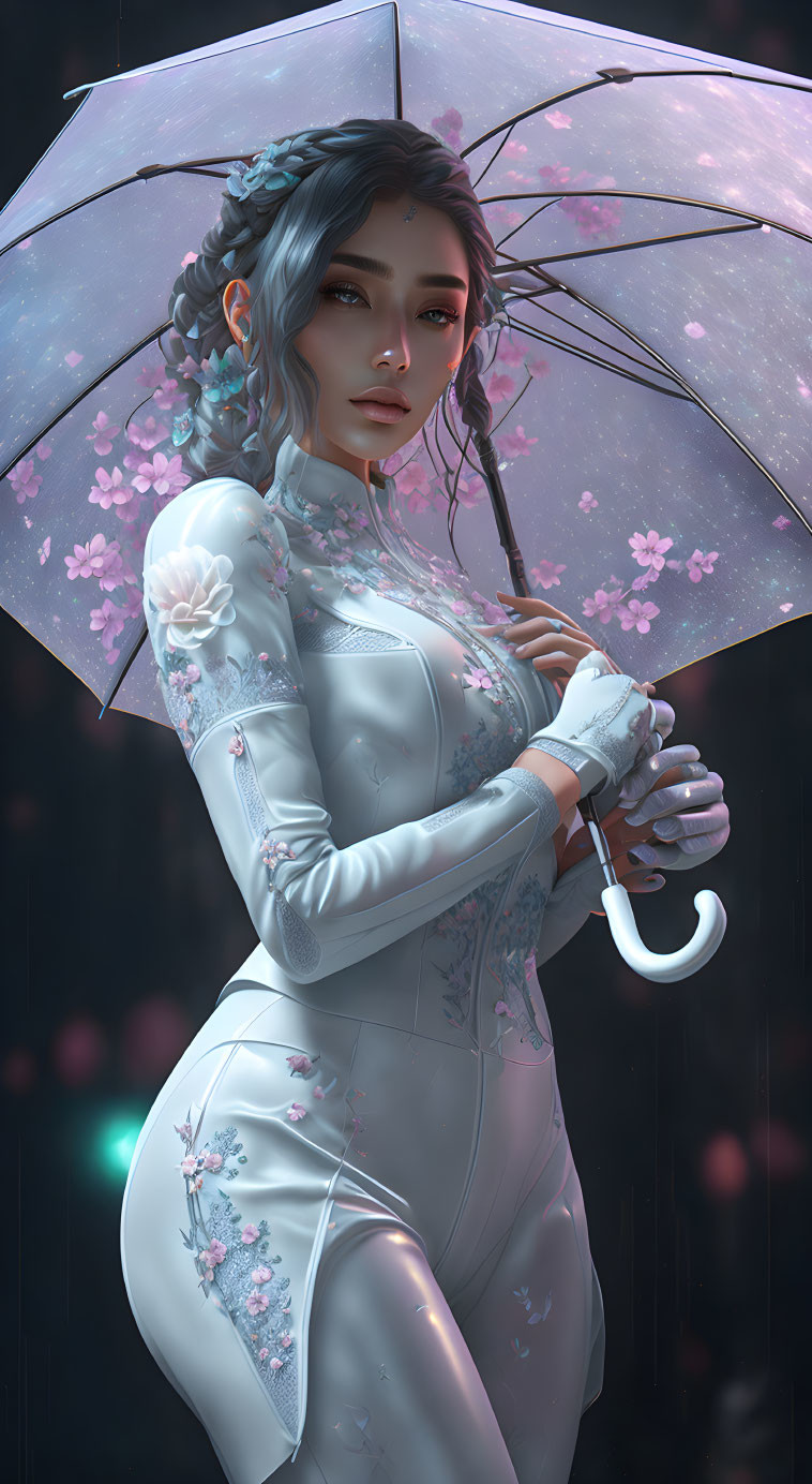 Illustrated woman in blue hair and Asian dress with floral umbrella in night scene.