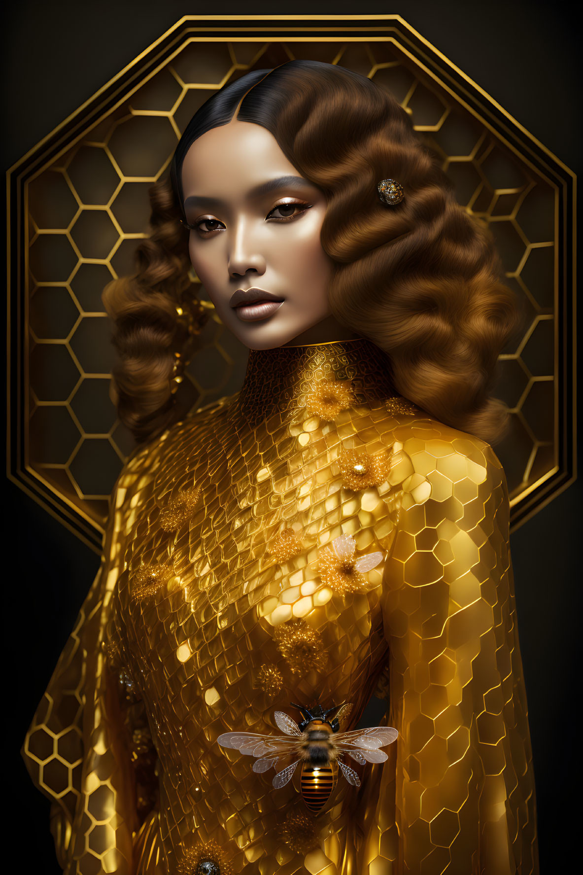 Female portrait in gold with honeycomb patterns and bee brooch - elegant and surreal.