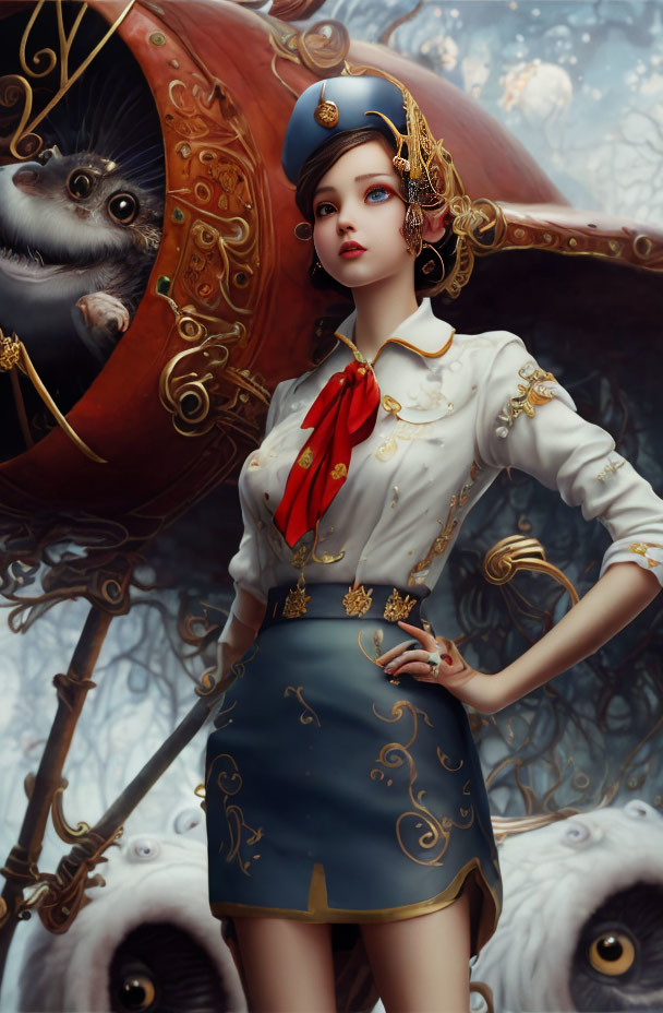 Digital artwork of woman in vintage pilot uniform with airship and giant eyes