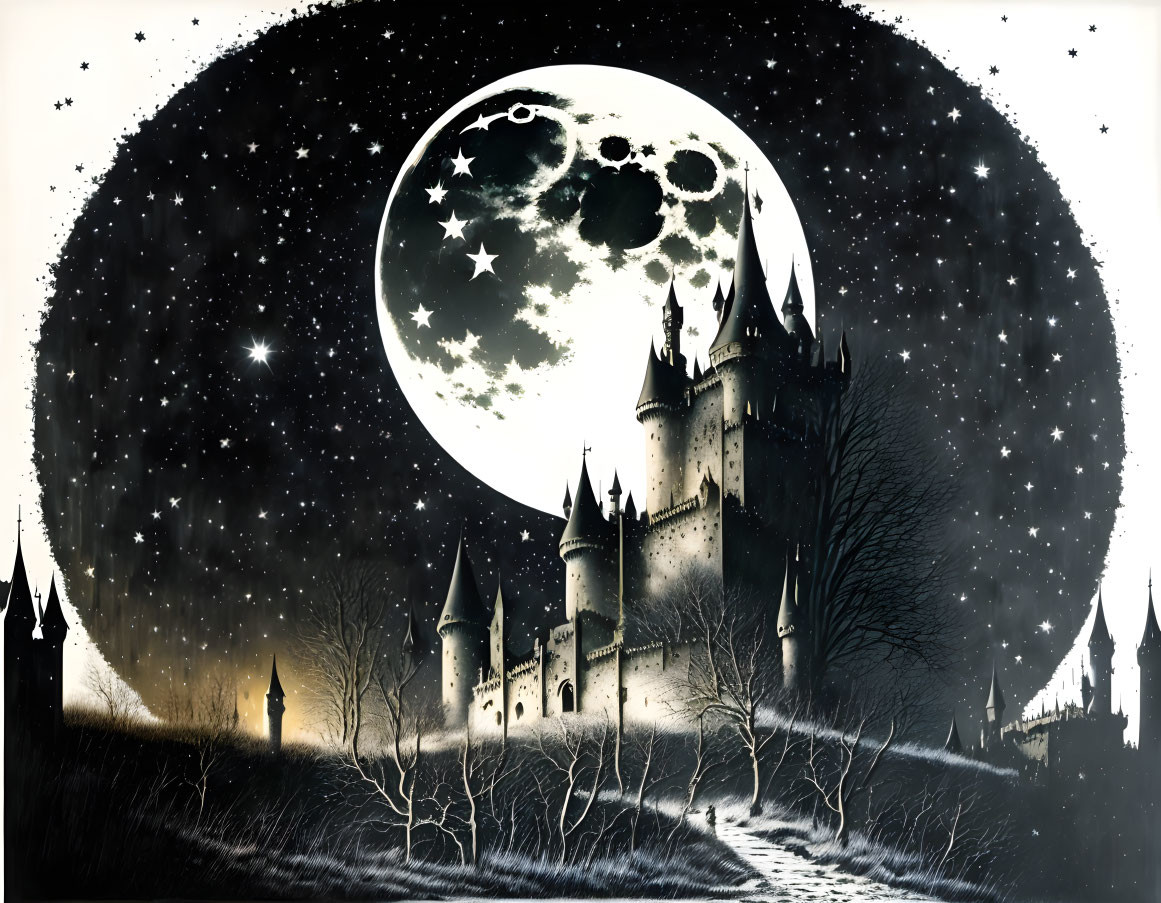 Detailed Night Scene: Mystical Castle, Large Moon, Stars, Silhouette Trees