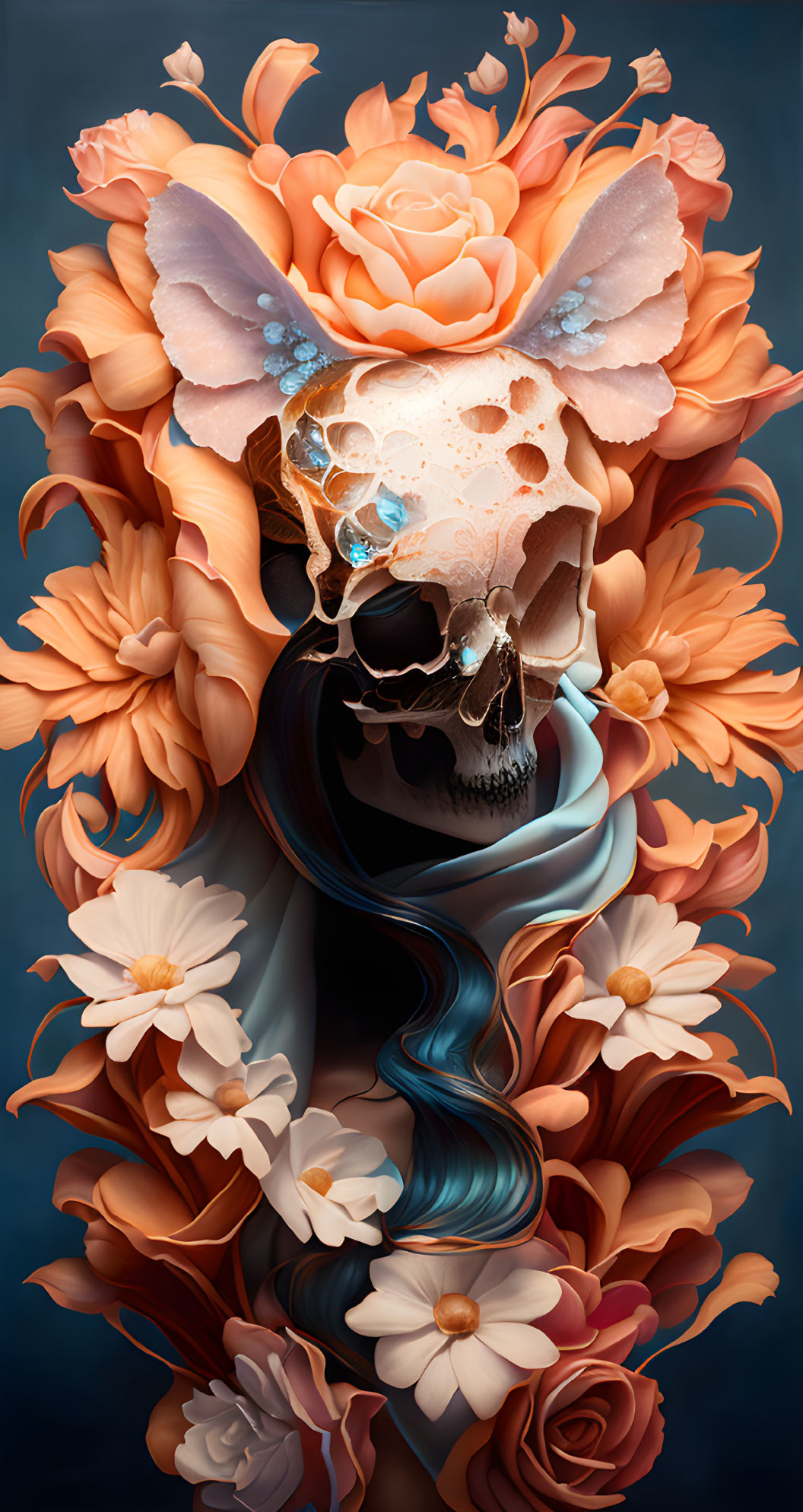 Skull with Peach and Cream Flowers on Dark Background