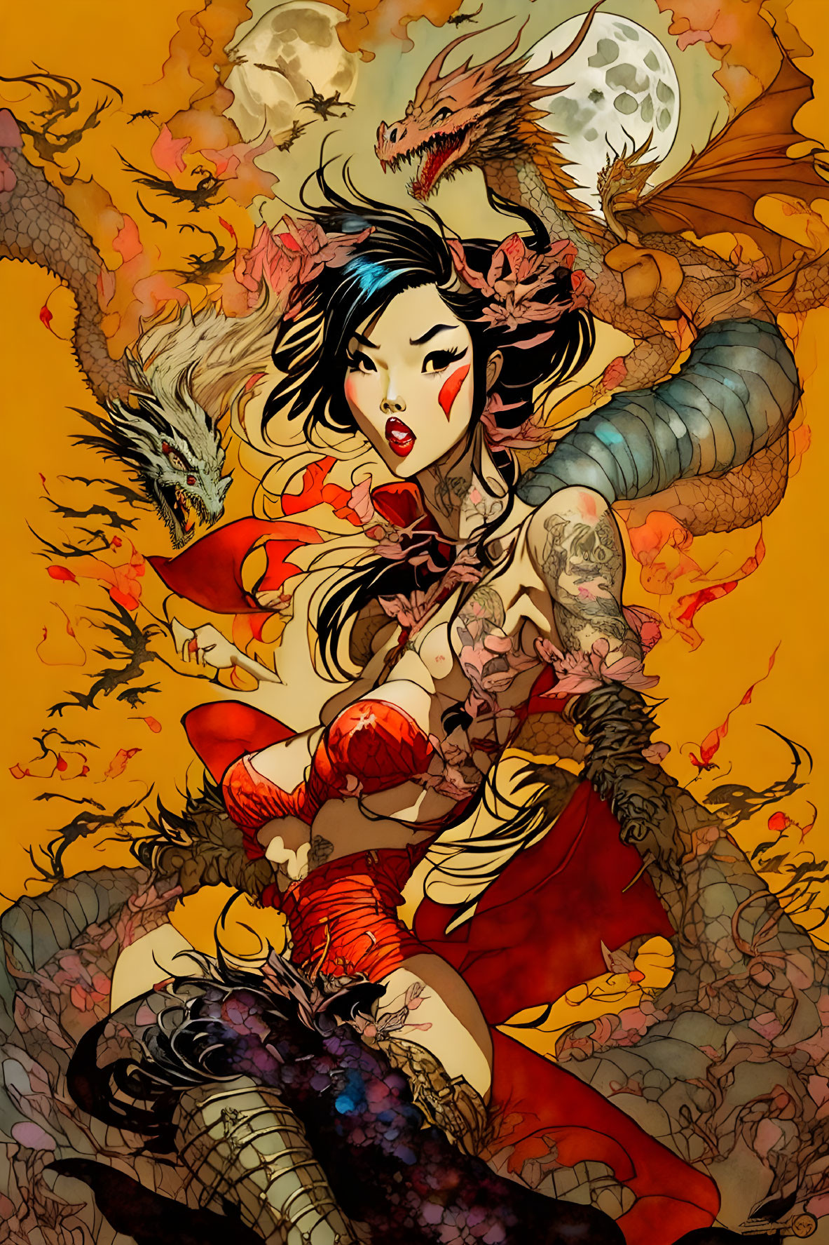 Illustrated woman with tattoos surrounded by dragons in fiery orange backdrop.